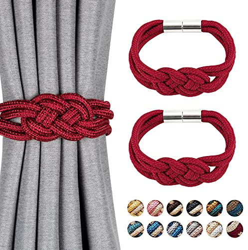 Pretty Jolly 2 Stück Starke Magnetische Raffhalter für Vorhänge, Dekorative Vorhang-Raffhalter, Handgewebtes Seil, Knoten-Vorhanghalter für Zuhause und Büro, Fenstervorhänge (Weinrot)