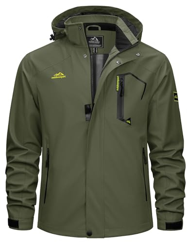 TACVASEN Giacca Di Transizione Uomo Giacca Impermeabile Giubbotti Funzionale Antiacqua Respirante Giubbotti Antivento Hoodie Verde Militare, L