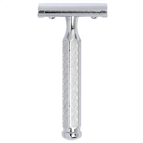 MERKUR Rasierhobel 42C | Klassiker mit Hexagonalgriff Glanzchrom | Dreiteiliger Rasierer mit geradem Schnitt | Geschlossener Kamm | Ideal für Nassrasur | Messing Griffstück | Made in Germany