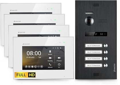 Balter EVO-HD Video Türsprechanlage, Video Türklingel mit Kamera, 4 familienhaus Klingel, 4 x 7 Zoll HD Monitor, Full HD-Kamera, 2 Draht Bus, Gegensprechanlage mit 175° Weitwinkel-Kamera