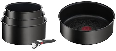 Tefal Ingenio Eco Resist On Batterie de cuisine 4p, Indicateur de démarrage de cuisson, Cuisson saine L7679202,29 x 29 x 18 cm & Ingenio Eco Resist Sauteuse 24 cm, Empilable, Induction, L3973502, Noir