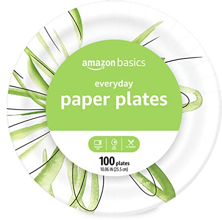 Amazon Basics Everyday Disposable Paper Plates, 10 Inch, Microwave-Safe, Cut Resistant, Soak-Proof, 100 Count