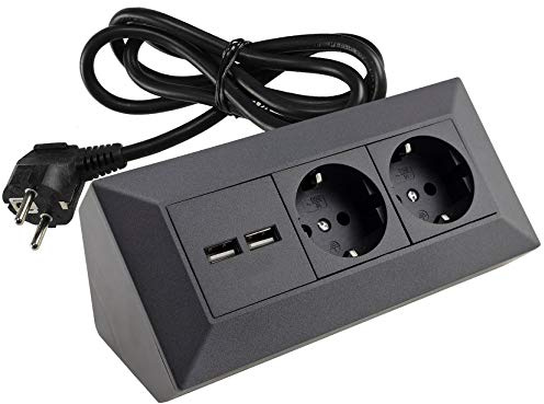 ChiliTec Ecksteckdose 2-Fach Anthrazit | 2x USB-A 3,1A, 1,5m Kabel, Aufbau Unterbau Montage, Schutzkontaktsteckdose