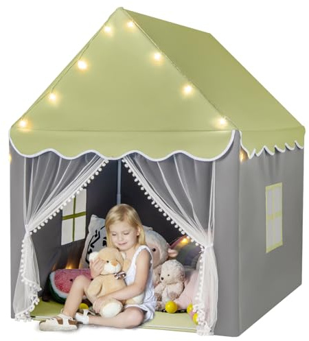 Maxmass Kids Play Tent, Princess Castle Teepee with Washable Mat, Lights and Windows, Indoor Outdoor Children Playhouse (Green with Yellow Lights)