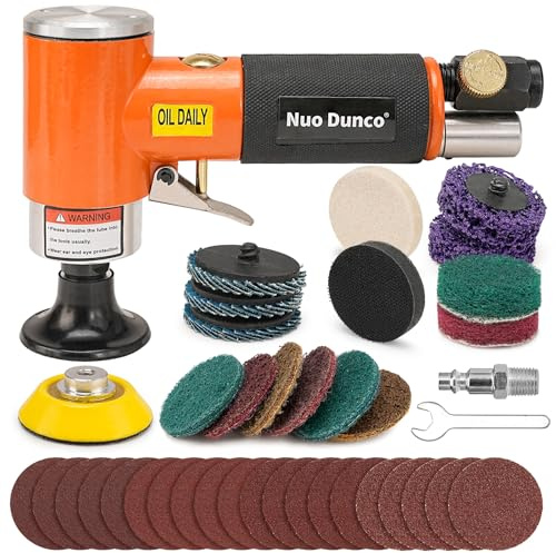 NuoDunco 5,1 cm pneumatisches Mini-Exzenterschleifer-Set, 2-in-1-Luft-Winkelschleifer, Polierer-Set, Oberflächenvorbereitungswerkzeug mit 40 Stück Schnellwechsel + Klettschleifscheiben für Metall- und