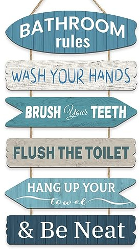 decalmile 6 Pieces Bathroom Rules Wooden Wall Art Rustic Funny Farmhouse Wood Wall Hangings Vintage Wooden Plaque Bathroom Restroom Toilet Wall Decor