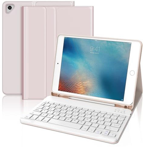 Funda con Teclado para iPad 6a Generación 9.7, Teclado Bluetooth Desmontable con Funda y Portalápices para iPad 6a Gen 2018/5a Gen 2017/iPad Pro 9.7 2016/iPad Air 2 2014y iPad Air 1 2013, Rosa