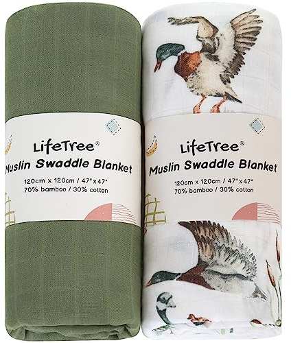 LifeTree Baby Pucktücher aus Baumwolle und Bambus, Musselin Tuch Decke 120x120cm Mullwindeln Baby Swaddle Decke Tücher für Junge und Mädchen, Enten