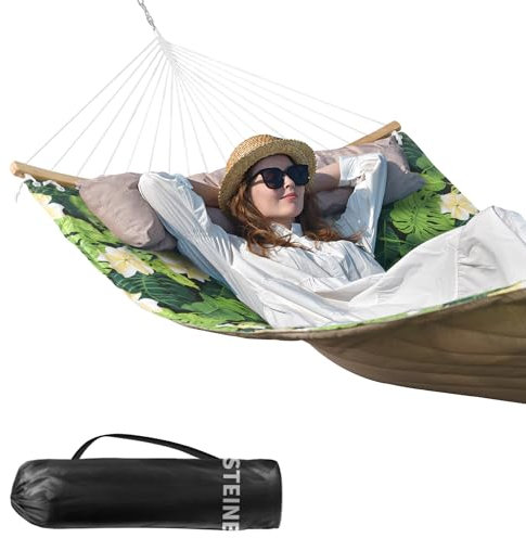 Bathonly Große Outdoor Hängematte für 2 Personen, 3m doppelhängematte, Gesteppte Stoffschaukel mit Faltbarer, gebogener Stange, abnehmbarem Kissen, Tragetasche, bis 204 kg belastbar, Grüne Blätter