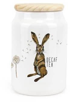 Purely Home Hares & Dandelions Ceramic Decaf Tea Storage Canister - Rhiannon Chauncey Floral Hares Artwork Kitchen Food Storage Container & Wooden Lid 600ml (14.5cm x 9.5cm)