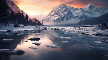 adrium Holz-Bild 50 x 30 cm: Fantastische Winterlandschaft mit schneebedeckten Bergen und See bei Sonnenuntergang (208694933)