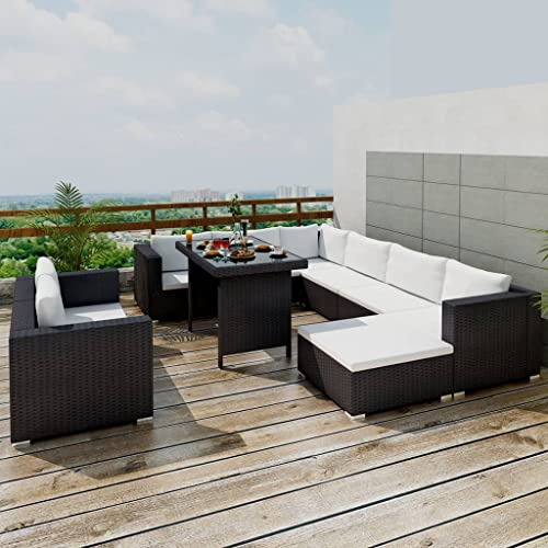 HEFZGDB 10-TLG. Garten-Lounge-Set mit Auflagen Poly Rattan Schwarz Gartenstühle Gartenmöbel Set Gartentisch Geeignet für Terrasse, Garten, Pool.
