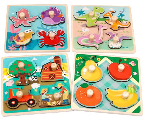 Kaisibum 4 Stück Holzpuzzles Puzzlespielzeug für Kinder 3-6 Jahr, Puzzle mit Griff Holz Puzzlespielzeug Bauernhoftieren Obst Cartoon Tiere Holzspielzeug Lernspielzeug für Junge,Mädchen