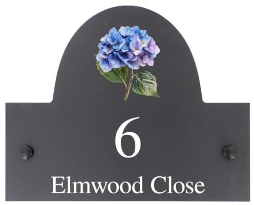 Personalised Hydrangea Flower Motif Natural Stone Slate House Name or House Number Plaque Sign - 25x20cm - Premium Smooth Stone Slate