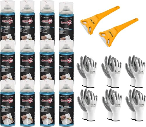 Disuelve silicona, elimina la silicona y los residuos relativos sin agredir las superficies y sin opacarlas, actúa rápidamente, spray 12 x 400 ml + 2 rascadores + 6 guantes de regalo