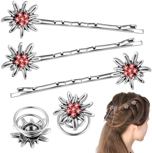 Xinnun 5 Stück Traditionelles Strass Edelweiß Haarschmuck Elegante Trachtenschmuck Damen Wellenform Haarspange Federklemmen für Bayerisch Bierfest Dirndlschmuck Trachten Dirndl Accessoires(Rot)