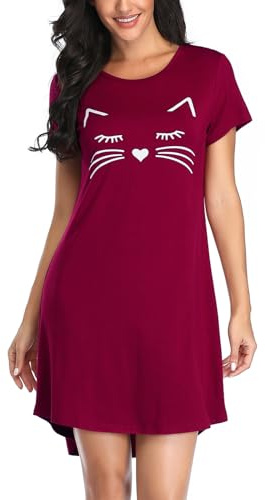 SPKPKEY Womens Sleep Shirts Cat Night Shirt Ladies Sleepwear Soft Nightgown Short Sleeve Nightdress Wine Red L