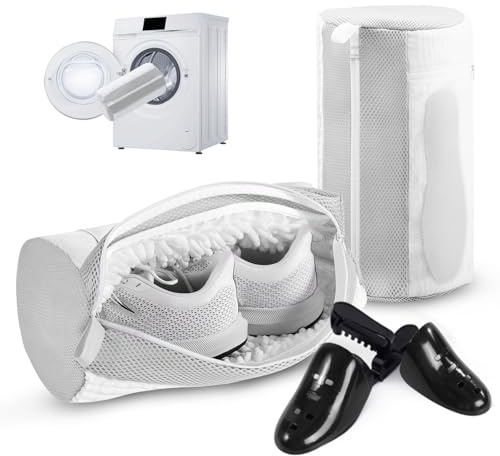 Aship Set di 2 Sacchetti per Lavare Scarpe con Alberi Regolabili, Pulizia Chenille 360°, Cerniera Nascosta, 19×39cm Bianco