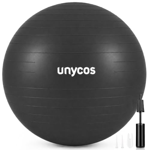 unycos - Gymnastikball 65 cm Sitzball Trainingsball für Yoga, Fitness, Medizinball, Balance Ball, Core Training Strength, Pilates-Ball | Inkl. Pumpe, BPA-Frei, Anti-Burst (Grau mit Logo)