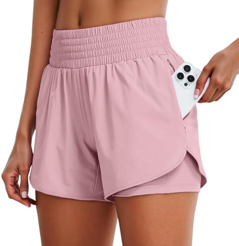 Short Femme Taille Haute, Séchage Rapide Yoga Jogging Tenue 2 en 1 Trail Bermuda Fitness Taille Haute Short Course a Pied Sport Poches Zippées Vêtements avec Doublure, Red 02, S