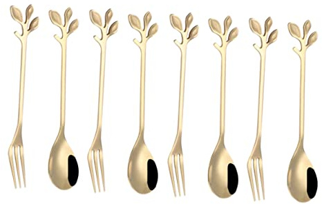 STOBAZA 6 Pcs Stainless Steel Leaf Shaped Dessert Forks and Spoons Creative Leaf Flower Design Cutlery for Home Restaurant Hotel Includes Forks and Spoons Golden Finish