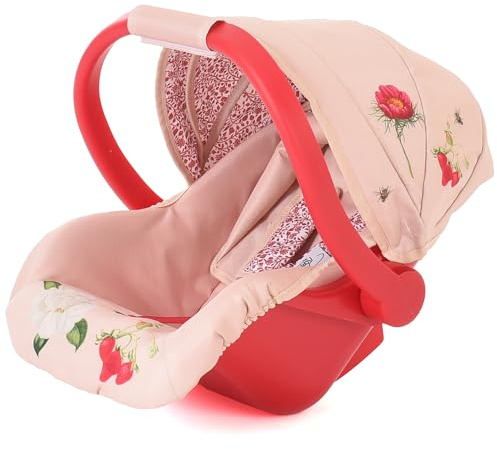 Asiento de Coche para muñecas Roms RHS Flora, Color Rojo Baya y Crema, Apto para muñecas de hasta 45 cm, Acolchado con Estampado Flora, Capota retráctil, Partir de 3 años