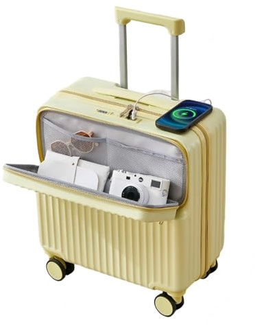Petite valise de voyage rigide, légère à 4 roues, bagage ouvert sur le devant avec chargeur USB et porte-gobelet, jaune, 18in, Bagage à roulettes pivotantes