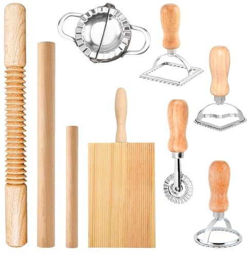 9 Stück NudelherstellungsSet,mit Nudelhölzern, GnocchiBrett, Teigschneider, Knödelmache, Ravioli Stempel Ausstechern, Effizientes Nudelherstellungs, Werkzeugset für die Nudelherstellung