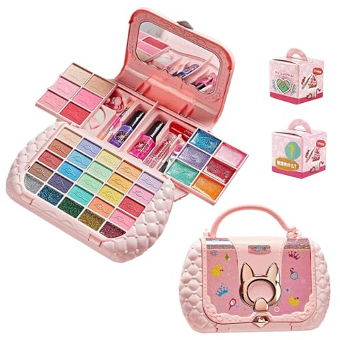 Juego de maquillaje para niños pequeños, juego de juguetes cosméticos reales lavables con espejos para niñas, kit de suministros de fiesta de cumpleaños para niños, estuche de almacenamiento portátil