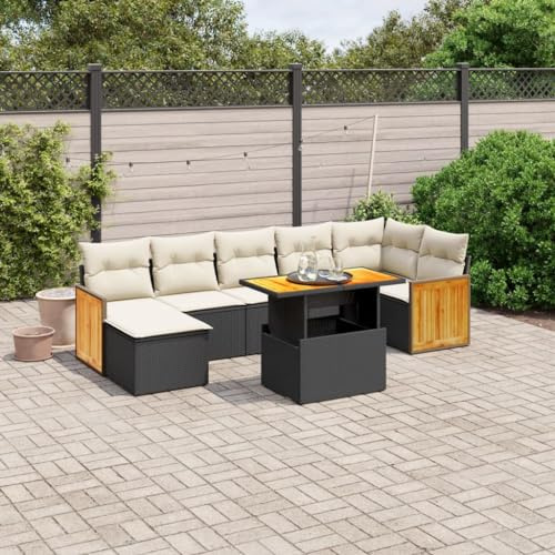 Teenpull 8-TLG. Garten-Sofagarnitur Schwarz, Polyrattan Loungeset mit verstellbarem Esstisch, bequemen Kissen, modular für Terrasse, Balkon, Außenbereich