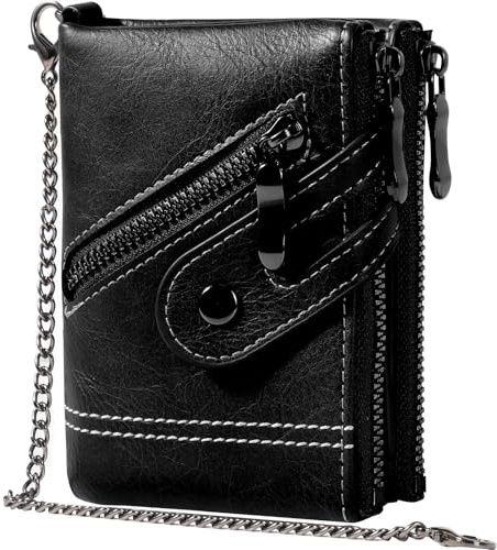 Men's Wallet with Chain & Zip RFID Blocking – Anti Theft Security Leather Wallets for Men with 19-in-1 Organizer, Coin Pockets, ID Window, Double Zipper Pockets and Front Zipper Pocket Gents Wallet