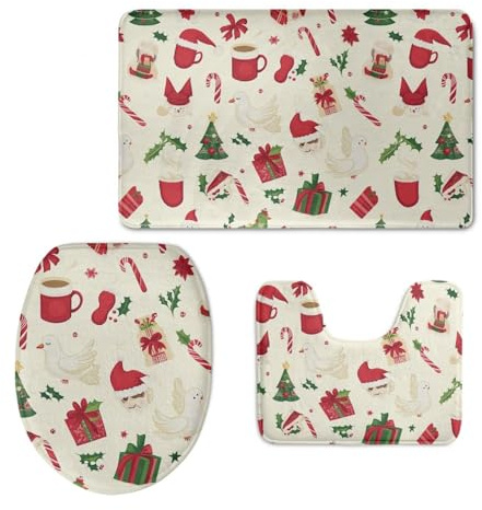 Badezimmerteppich Set 3 Teilig Rot Beige Weihnachten WC Teppich Schnell Trocknend Badvorleger rutschfest Badgarnitur 3 Teilig Stand WC Waschbar Bad Teppiche Set Dekoration 50x80 cm