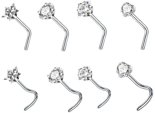8 PCS Nose Studs Sterling Silver, Silver Nose Stud, Silver Stainless Steel Nose Piercing Jewellery with Cubic, Small Nose Studs for Daily Wear Party Dating Suitable for Women Men Jewellery Piercing