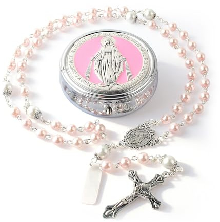 MOAZIFI Rosenkranz katholisch, Rosa Perlenkette mit Kruzifix Kreuz, Rosenkranz Kette, Gebetskette für Junge Mädchen, Erstkommunion Geschenk für Taufe, Konfirmation, Gebet, Religiöser Schmuck