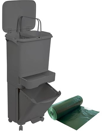Papelera de reciclaje de clasificación selectiva con pedal, ruedas y asa de triple compartimento de 42L (24L + 4L + 14L) gris antracita INCLUYE regalo bolsas de basura