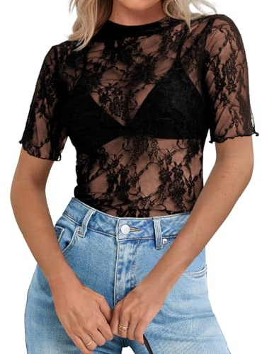 Elesomo Lace Top for Women UK Short Sleeve See Through Shirt Sheer Mesh Blouse, Black L