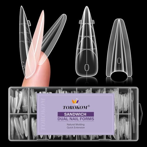 TOROKOM 256 st dubbla Sandwich Nagelformer, formar för snabba förlängningar, pappersformade, återanvändbara plastformer för byggare gel och polygel (16 storlekar, Stiletto Long)