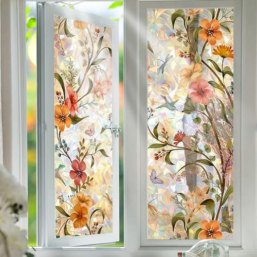 Shackcom 3D Regenbogen Fensterfolie Blickdicht, Wildblumen-Muster, Statisch Haftend Ohne Klebstoff, Wiederverwendbar, Anti-UV Sonnenschutz, 60x200cm für Büro & Wohnzimmer