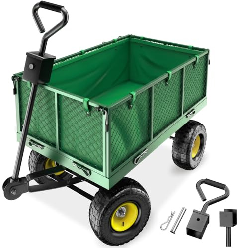 tecTake® Carro Jardín Plegable con Ruedas, Carretilla de Mano, Carga Máx. 550 kg, Carro Transporte Playa, Mango Acolchado y Desmontable, Funda Lavable, Carro con Ruedas Robustas - Verde