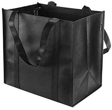 Anleo Wiederverwendbare Einkaufstaschen (6 Stück, schwarz) – für 12 kg – groß und langlebig, robuste Einkaufstaschen – Lebensmitteltasche mit verstärkten Griffen, dicker Kunststoffboden, Schwarz,