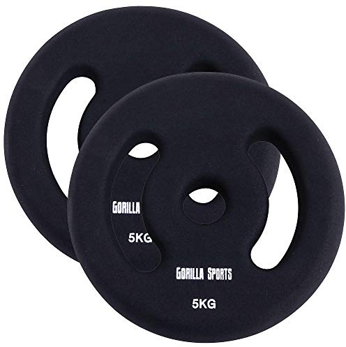 GORILLA SPORTS® Neopren viktskivor - set om 2, 2x1kg, 2x2kg, 2x3kg, 2x4kg, 2x5kg vikter, 30/31 mm hål, med handtag, gjutjärn - viktskivor, viktskivor set