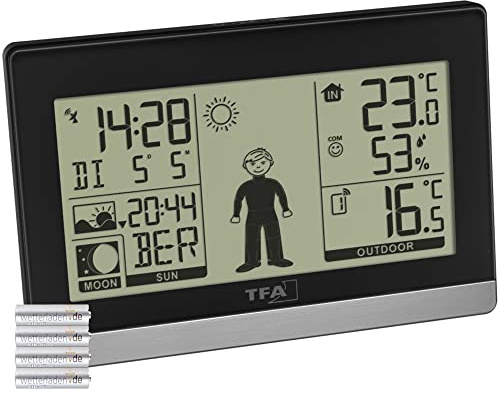 TFA Dostmann Station météo radio Weather Boy 35.1159 - Température extérieure/intérieure, prévisions météo, phases lunaire/lever du soleil et coucher du soleil (noir avec piles)