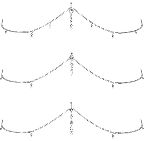 Hicarer 3 Pièces Anneaux de Ventre avec Chaîne en Cristal Argent, Strass et Accessoires de Plage pour Bikini Femmes (Argent)