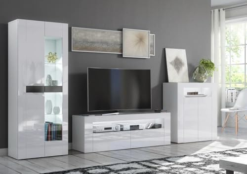 Furneo Milano Set – High Gloss & Matt White Living Room Furniture, TV Stand, Sideboard & Display Cabinet, White LED Lights