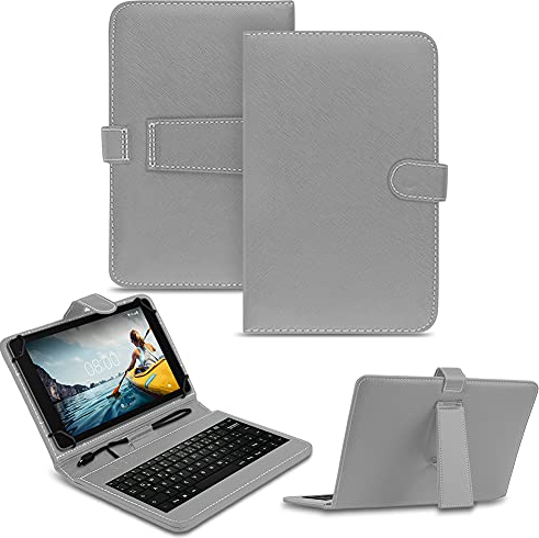 NAUC Tablet Tasche kompatibel mit XGODY P60 / P60 Pro Keyboard USB Hülle Tastatur QWERTZ Tastatur Schutzhülle Standfunktion Magnetverschluss Cover Universal, Farben:Grau