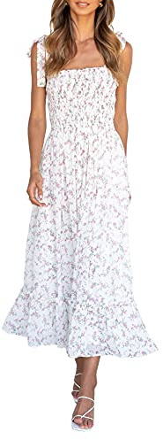 Imily Bela Womens Summer Floral Dress Tie Strap Boho Smocked Ruffle A Line Beach Sun Long Maxi Dresses White
