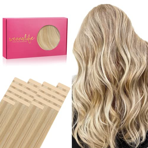 WENNALIFE Extensiones Adhesivas Pelo Natural, 35cm, 50g, 20 Piezas, Hellblond Highlights Goldblond, Extensiones Pelo Remy Cabello Humano