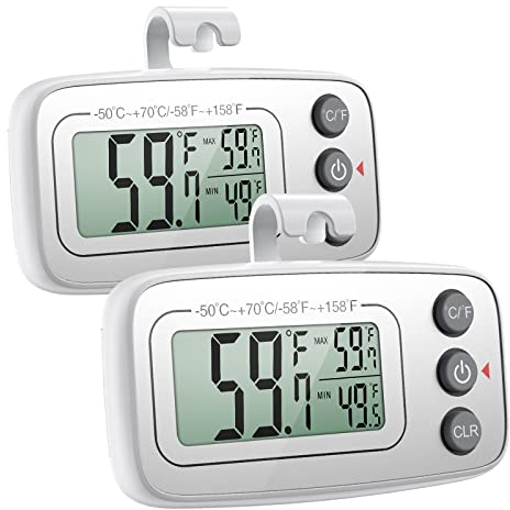 【2 Stück】Brifit Kühlschrank Thermometer, Gefrierschrank Thermometer, Digital Kühlschrankthermometer mit Haken, Thermometer Innen mit Max/Min Funktion, Gut Lesbarer LCD Anzeige - Silber