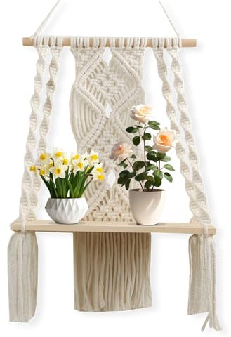 Tuzsocr Boho Macrame Wall Shelf - Cotton Rope Floating Plant Holder for Home Decor, Bohemian Tapestry Room Decoration