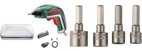 Bosch Akkuschrauber IXO (5. Generation, in Aufbewahrungsbox), Klassisch grün + Bosch Steckschlüssel Set